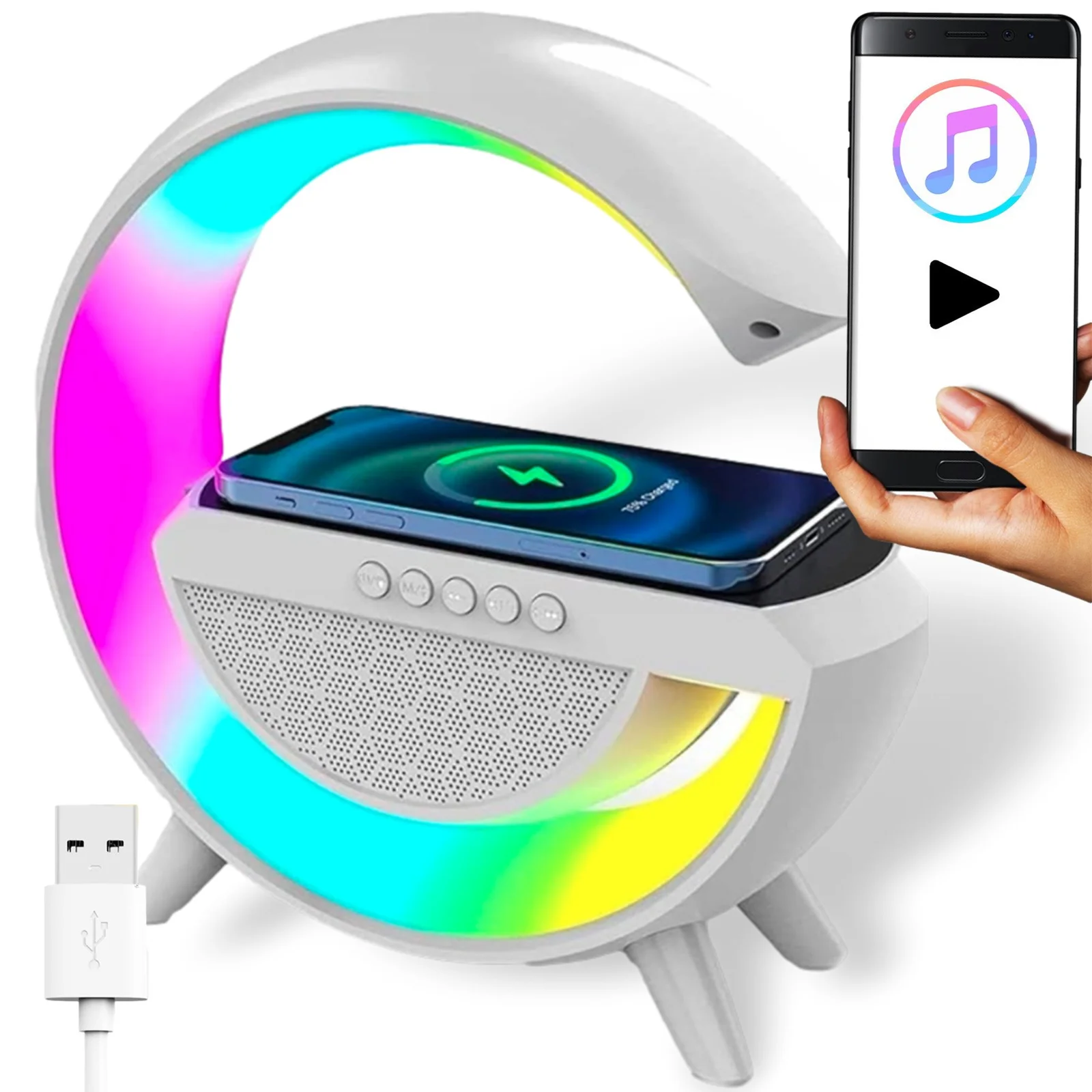 GŁOŚNIK LAMPKA NOCNA LED GAMINGOWA RGB ŁADOWARKA INDUKCYJNA ZEGAR RADIO