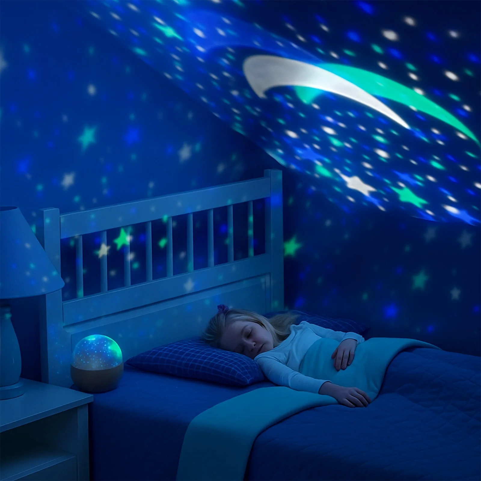PROJEKTOR DLA DZIECI LAMPKA NOCNA GWIAZDY NIEBA 2W1 KSIĘŻYCA OBROTOWA 360