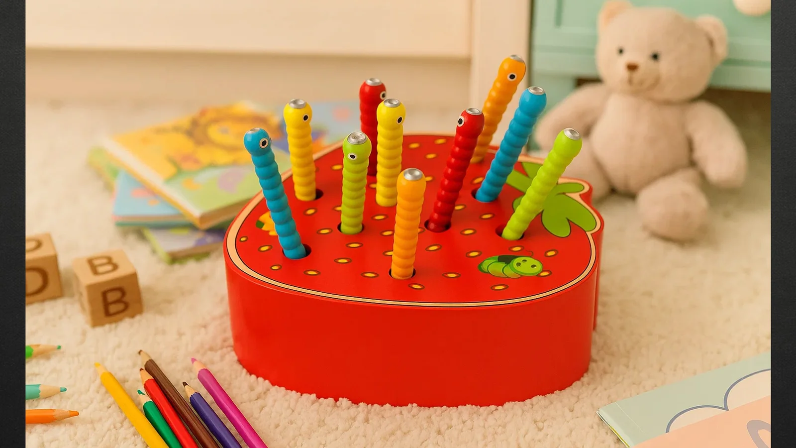 DREWNIANA GRA ZABAWKA ZŁAP ROBACZKA TRUSKAWKA WĘDKA ŁOWIENIE MONTESSORI