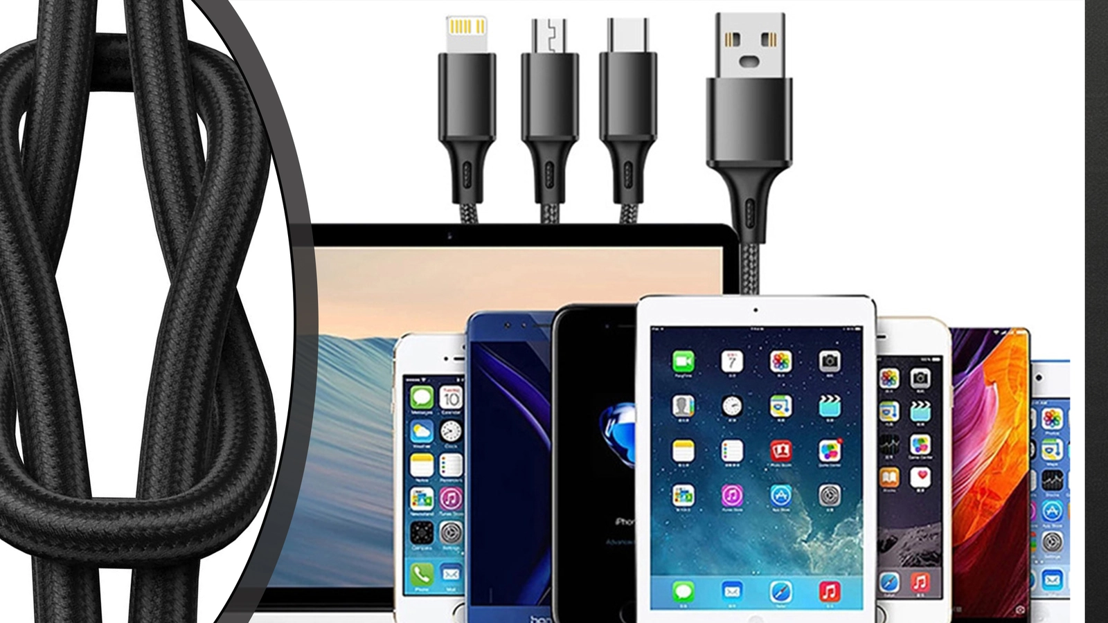 KABEL IPHONE USB USB-C LIGHTNING  3w1 - czarny