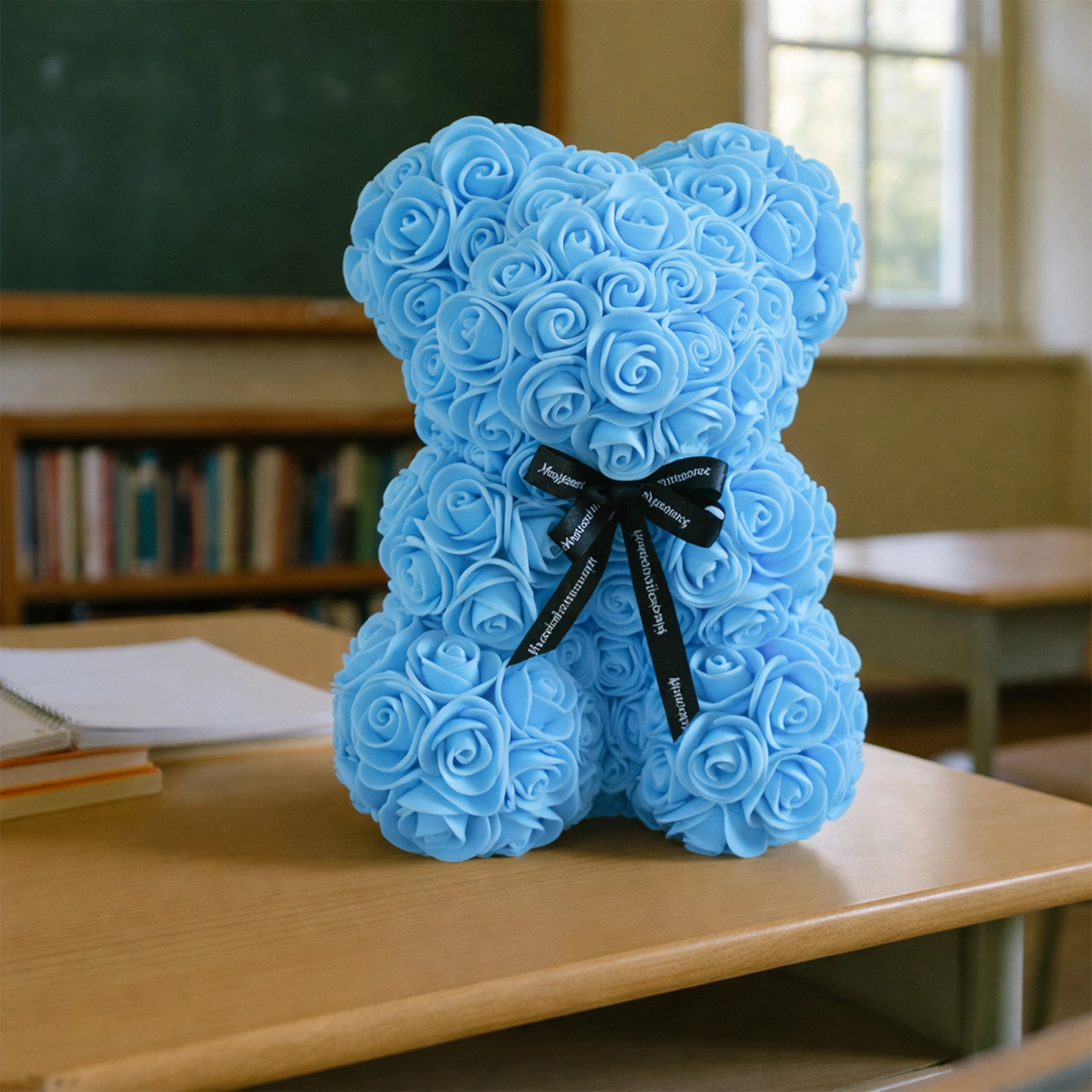 MIŚ Z RÓŻ 25cm + BOX - niebieski