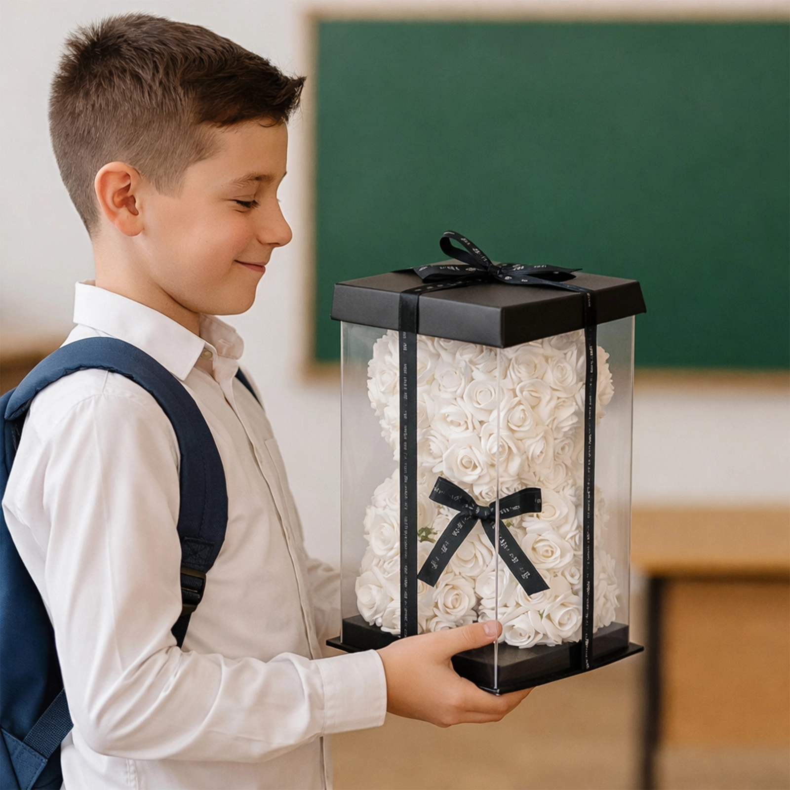 MIŚ Z RÓŻ 25cm + BOX - biały