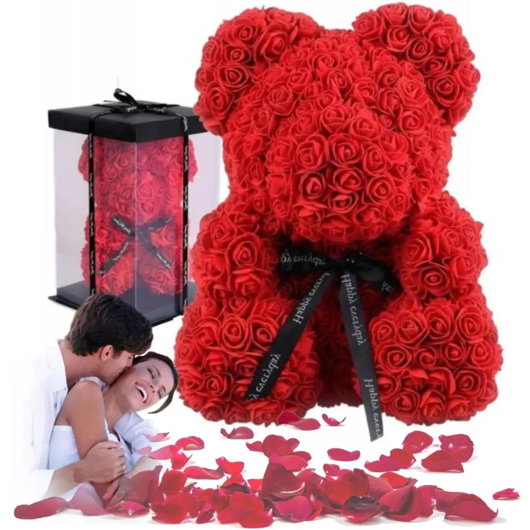 MIŚ Z RÓŻ 25cm + BOX - czerwony