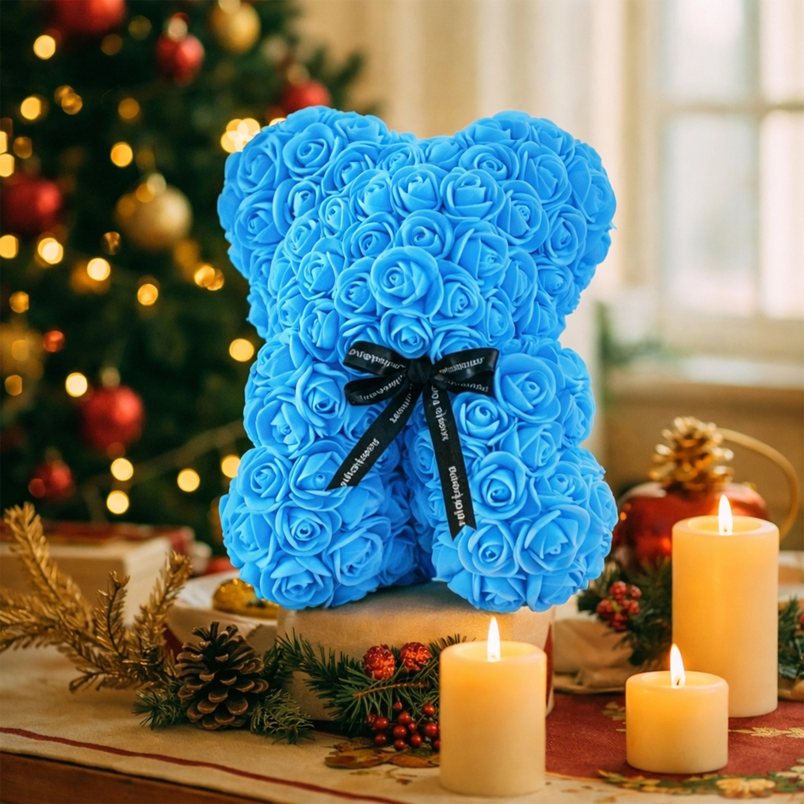MIŚ Z RÓŻ 25cm + BOX - niebieski