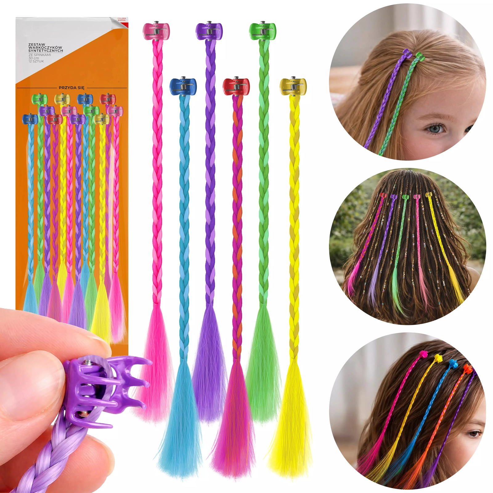 WARKOCZYKI SYNTETYCZNE ZE SPINKAMI 30CM ZESTAW WARKOCZYKÓW 12SZT KOLOROWE
