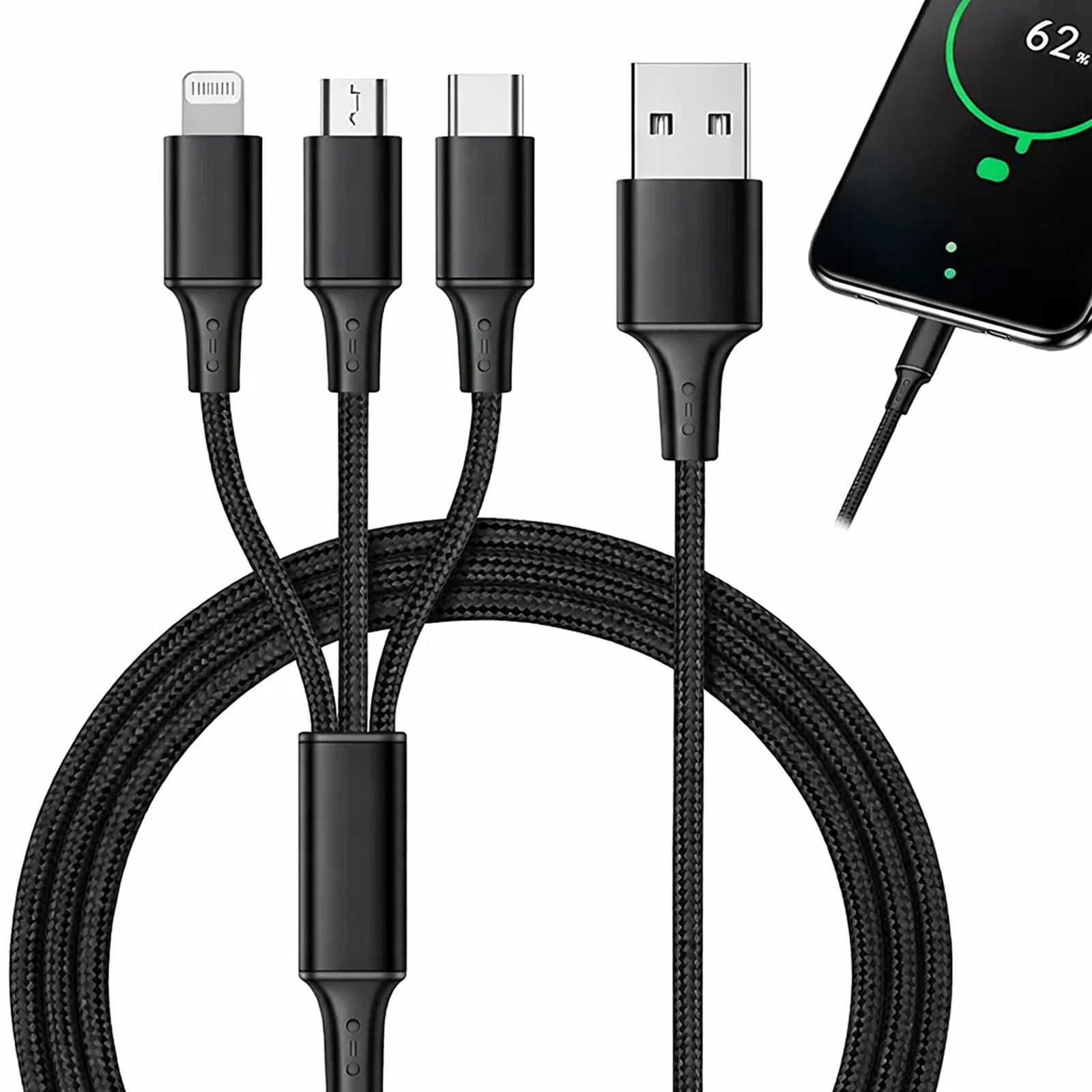 KABEL IPHONE USB USB-C LIGHTNING  3w1 - czarny