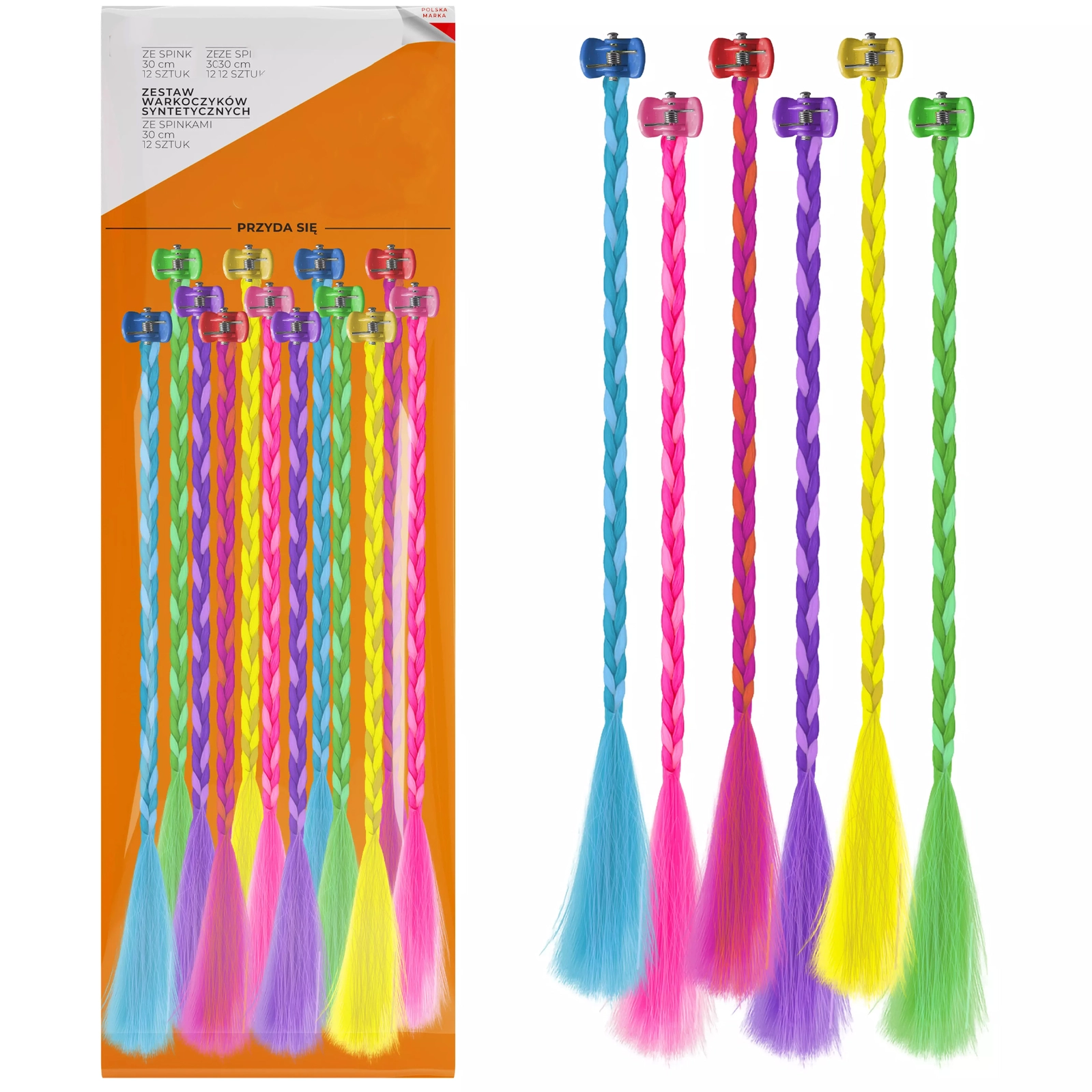 WARKOCZYKI SYNTETYCZNE ZE SPINKAMI 30CM ZESTAW WARKOCZYKÓW 12SZT KOLOROWE
