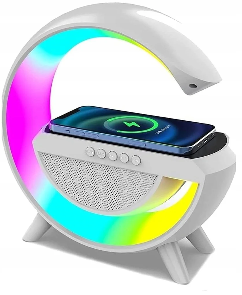 GŁOŚNIK LAMPKA NOCNA LED GAMINGOWA RGB ŁADOWARKA INDUKCYJNA ZEGAR RADIO