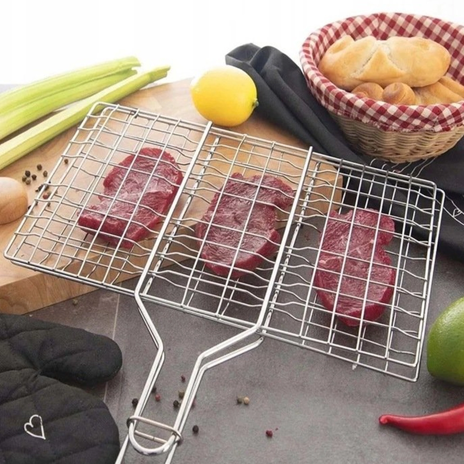 RUSZT DO GRILLOWANIA KRATKA OPIEKACZ ZAMYKANY GRILLA MIĘSA RYB WARZYW 37x21