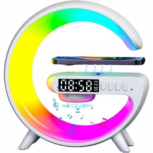 GŁOŚNIK LAMPKA NOCNA LED GAMINGOWA RGB ŁADOWARKA INDUKCYJNA ZEGAR RADIO