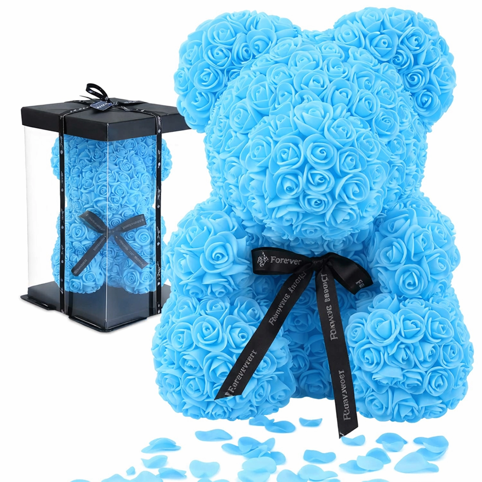 MIŚ Z RÓŻ 25cm + BOX - niebieski