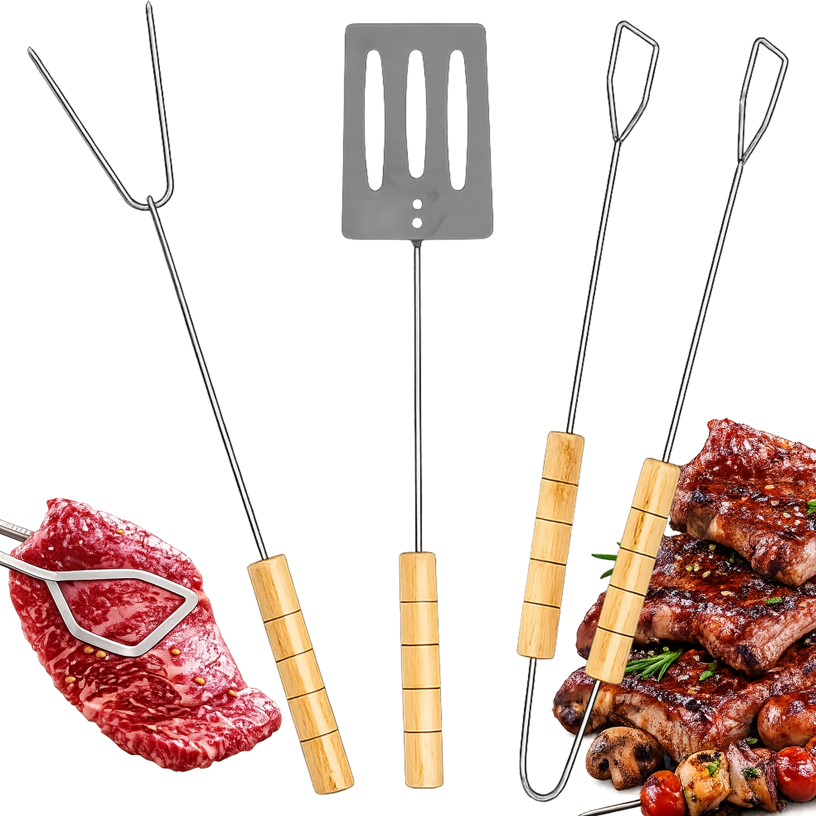 AKCESORIA DO GRILLA ZESTAW CHWYTAK ŁOPATKA SZPIKULEC 3SZT PRZYBORY GRILLOWE