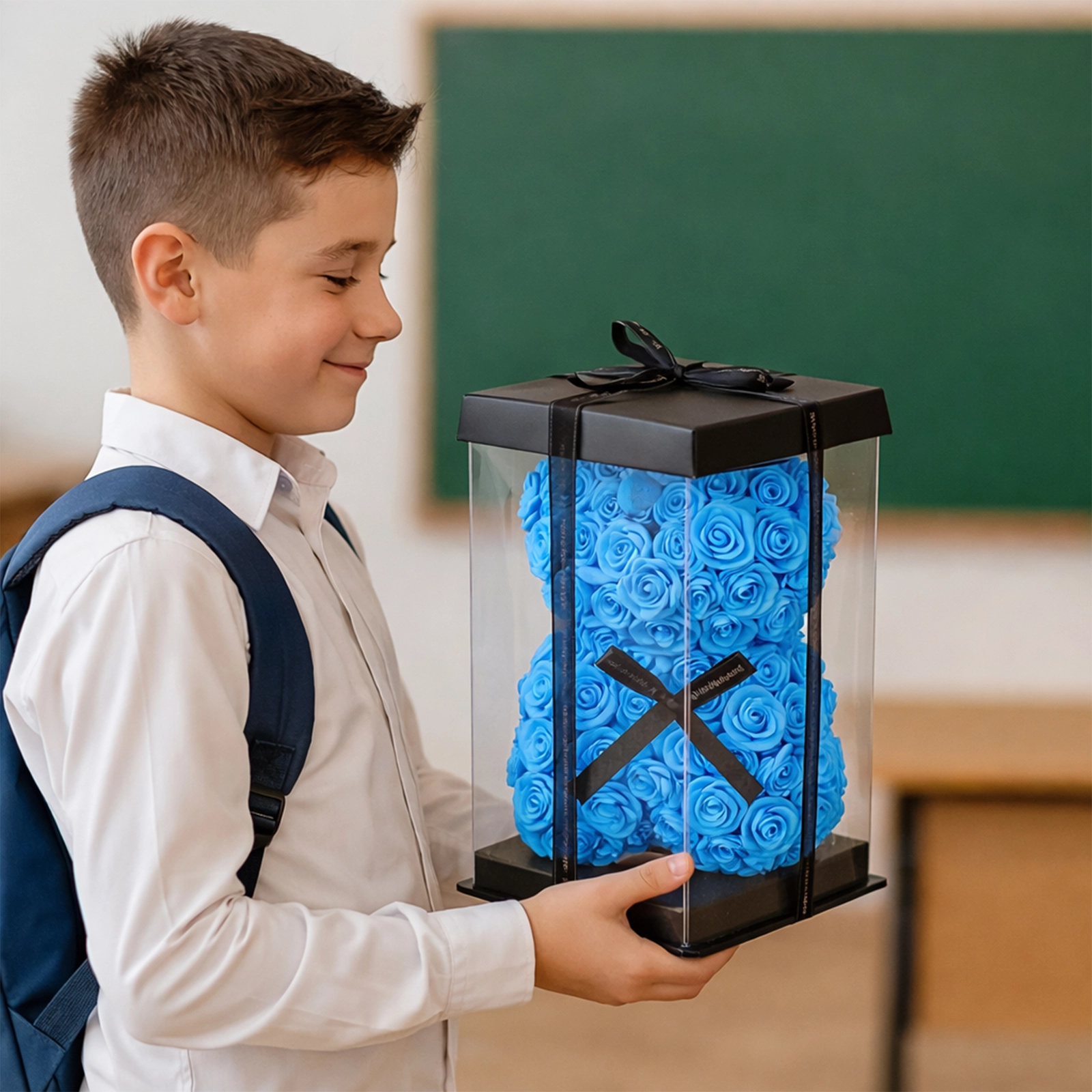 MIŚ Z RÓŻ 25cm + BOX - niebieski