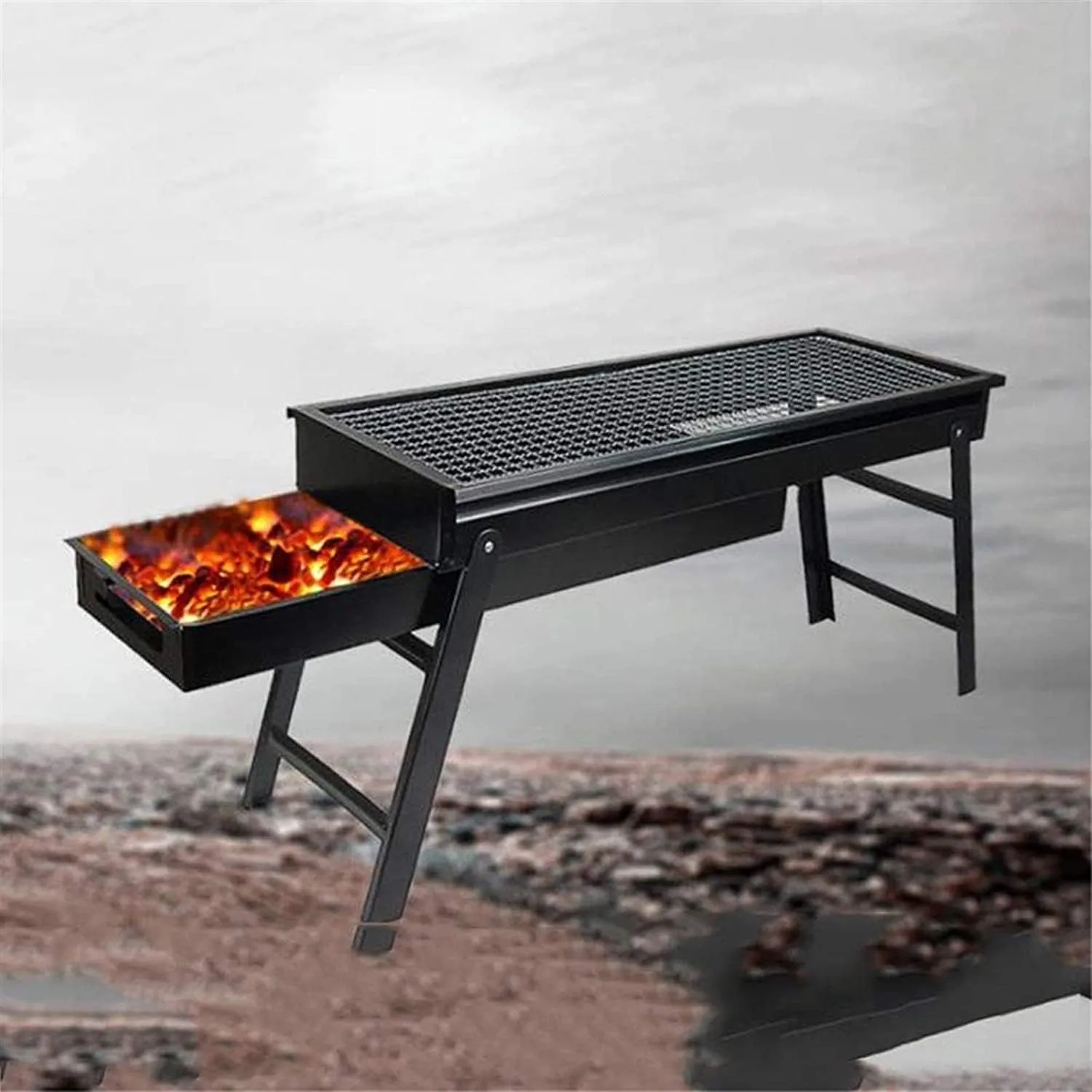 GRILL TURYSTYCZNY SKŁADANY OGRODOWY PRZENOŚNY KEMPINGOWY WĘGLOWY DUŻY 60CM
