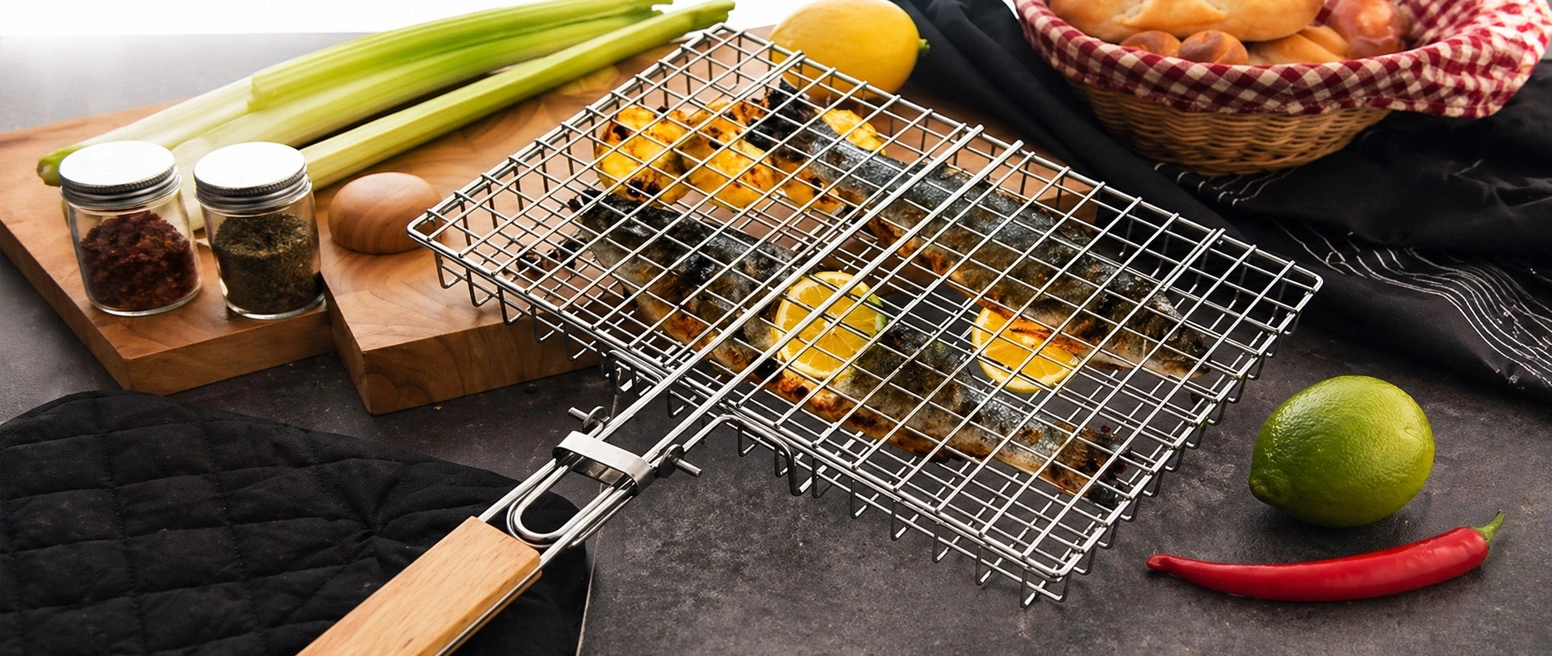 RUSZT DO GRILLOWANIA KRATKA OPIEKACZ ZAMYKANY GRILLA MIĘSA RYB WARZYW 37x21
